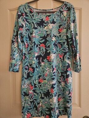 Lilly Pulitzer Navy Shift Dress with Teal, Coral & White Floral Print